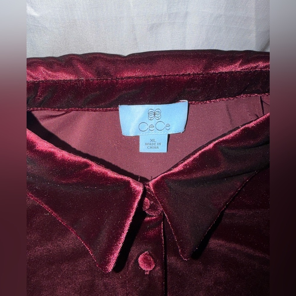 CeCe Burgundy Velvet Long Sleeve Button-Down Blouse - Size XL - Picture 3 of 9